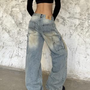 Loose Wide Leg Deconstructed Patchwork Denim Pants in Yellow Mud - Vintage Style 90s Inspired Spicy Girl Design