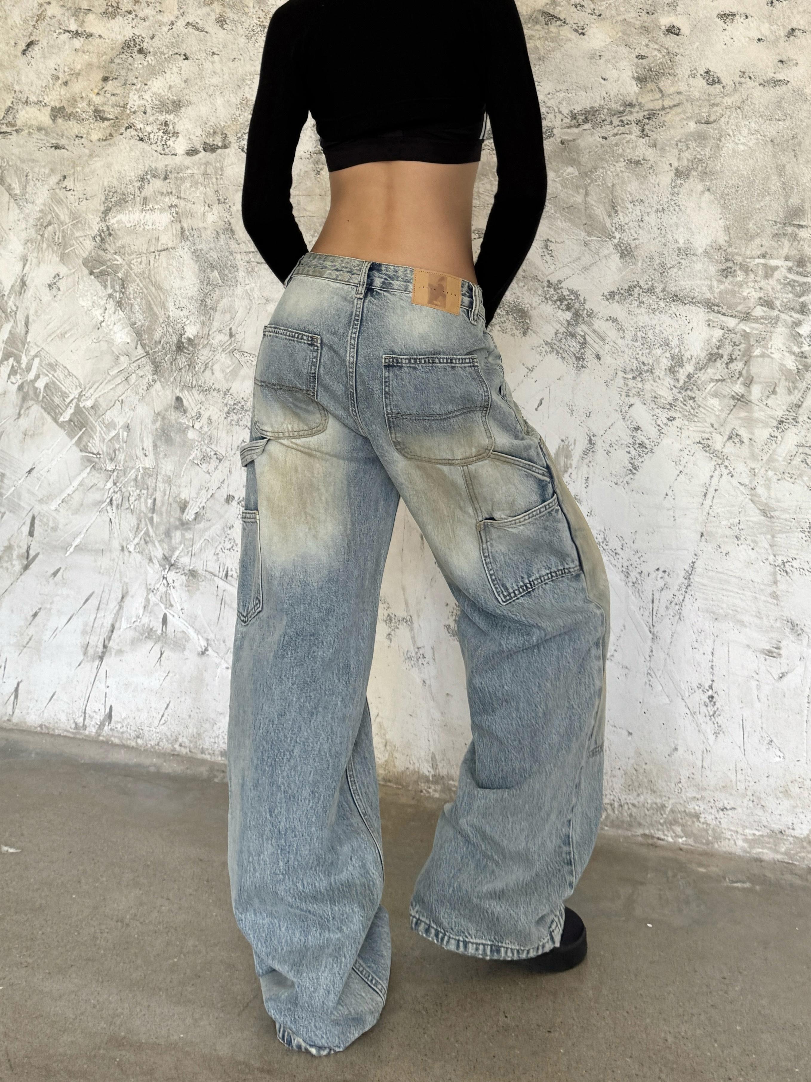 Loose Wide Leg Deconstructed Patchwork Denim Pants in Yellow Mud - Vintage Style 90s Inspired Spicy Girl Design
