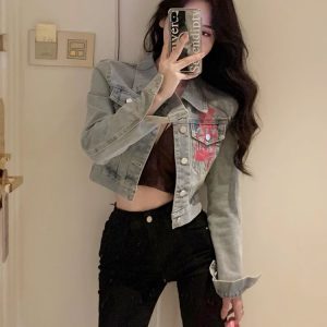 Love Heart Graffiti Denim Jacket for Women - Short Spring Style, Perfect for Petite Sweet and Spicy Girls, Y2K Fashion