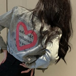 Love Heart Graffiti Denim Jacket for Women - Short Spring Style, Perfect for Petite Sweet and Spicy Girls, Y2K Fashion