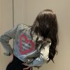 Love Heart Graffiti Denim Jacket for Women - Short Spring Style, Perfect for Petite Sweet and Spicy Girls, Y2K Fashion