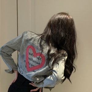 Love Heart Graffiti Denim Jacket for Women - Short Spring Style, Perfect for Petite Sweet and Spicy Girls, Y2K Fashion