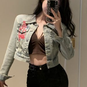 Love Heart Graffiti Denim Jacket for Women - Short Spring Style, Perfect for Petite Sweet and Spicy Girls, Y2K Fashion