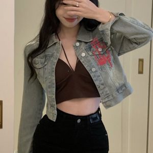 Love Heart Graffiti Denim Jacket for Women - Short Spring Style, Perfect for Petite Sweet and Spicy Girls, Y2K Fashion