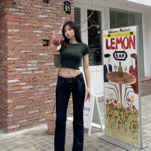 Low-Waist Retro Deep Blue Flared Jeans for Women | Leg-Shaping Style | 90s Vintage Fashion
