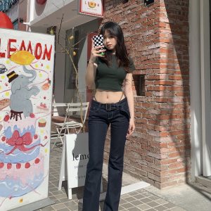 Low-Waist Retro Deep Blue Flared Jeans for Women | Leg-Shaping Style | 90s Vintage Fashion