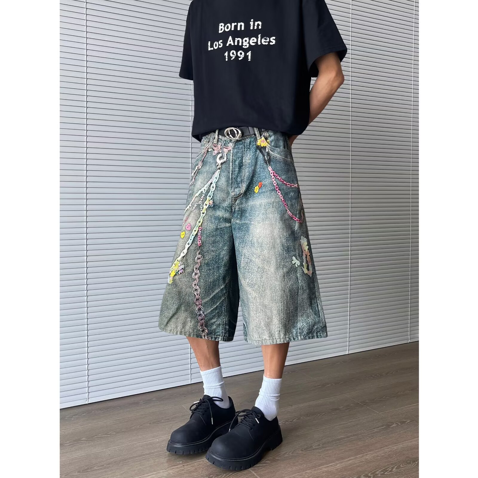 Men's 3D Digital Printed Denim Shorts - Retro Summer Vibe Streetwear, Loose Fit Cropped Pants for Casual Style