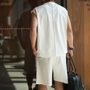 Men's American High Street Split Design Sleeveless T-Shirt and Shorts Set - Trendy Summer Casual Two-Piece Outfit