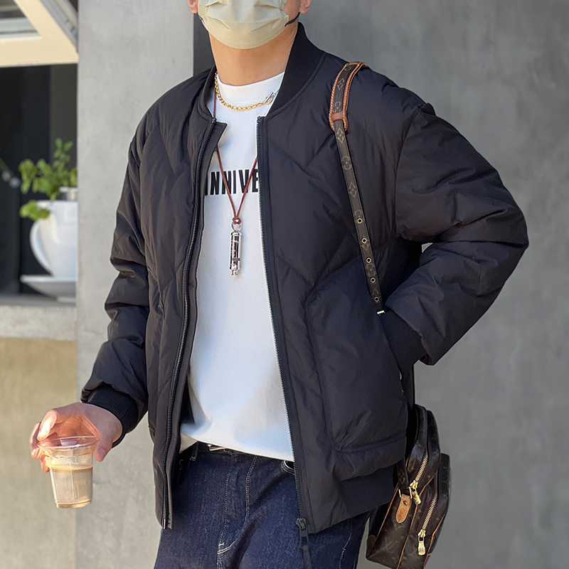 Men's American Retro Casual Black Down Jacket - Trendy Winter Baseball Collar Coat, Cold-Resistant White Duck Down Outerwear