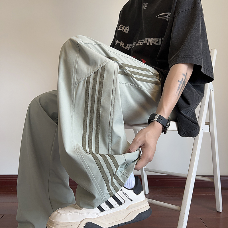 Men's American-Style Striped Wide-Leg Work Pants for Spring & Summer, Trendy High Street Casual Dance Wear, Sporty Straight-Leg Design