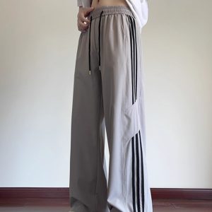 Men's American-Style Striped Wide-Leg Work Pants for Spring & Summer, Trendy High Street Casual Dance Wear, Sporty Straight-Leg Design
