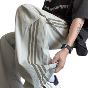 Men's American-Style Striped Wide-Leg Work Pants for Spring & Summer, Trendy High Street Casual Dance Wear, Sporty Straight-Leg Design