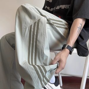 Men's American-Style Striped Wide-Leg Work Pants for Spring & Summer, Trendy High Street Casual Dance Wear, Sporty Straight-Leg Design