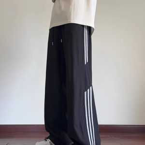 Men's American-Style Striped Wide-Leg Work Pants for Spring & Summer, Trendy High Street Casual Dance Wear, Sporty Straight-Leg Design
