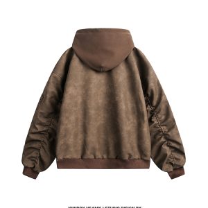 Men's American Vintage Melton Fake Two-Piece Hooded Jacket, Loose Fit PU Leather Coat, Hip-Hop Style for Spring and Autumn Fashion