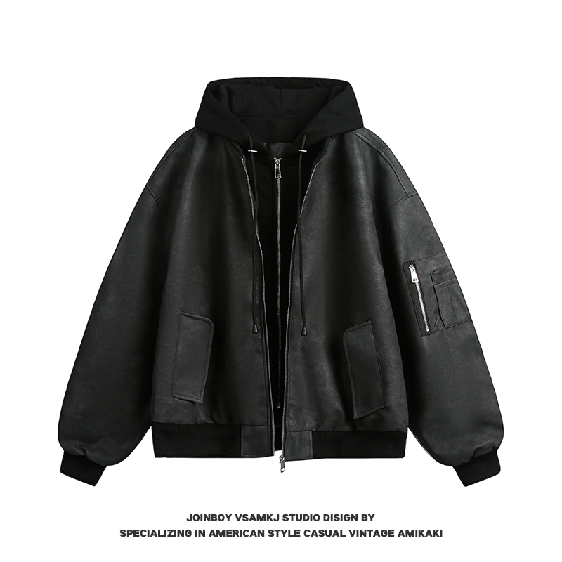 Men's American Vintage Melton Fake Two-Piece Hooded Jacket, Loose Fit PU Leather Coat, Hip-Hop Style for Spring and Autumn Fashion