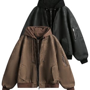 Men's American Vintage Melton Fake Two-Piece Hooded Jacket, Loose Fit PU Leather Coat, Hip-Hop Style for Spring and Autumn Fashion