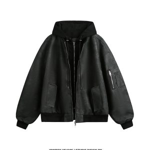 Men's American Vintage Melton Fake Two-Piece Hooded Jacket, Loose Fit PU Leather Coat, Hip-Hop Style for Spring and Autumn Fashion