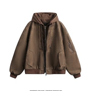 Men's American Vintage Melton Fake Two-Piece Hooded Jacket, Loose Fit PU Leather Coat, Hip-Hop Style for Spring and Autumn Fashion
