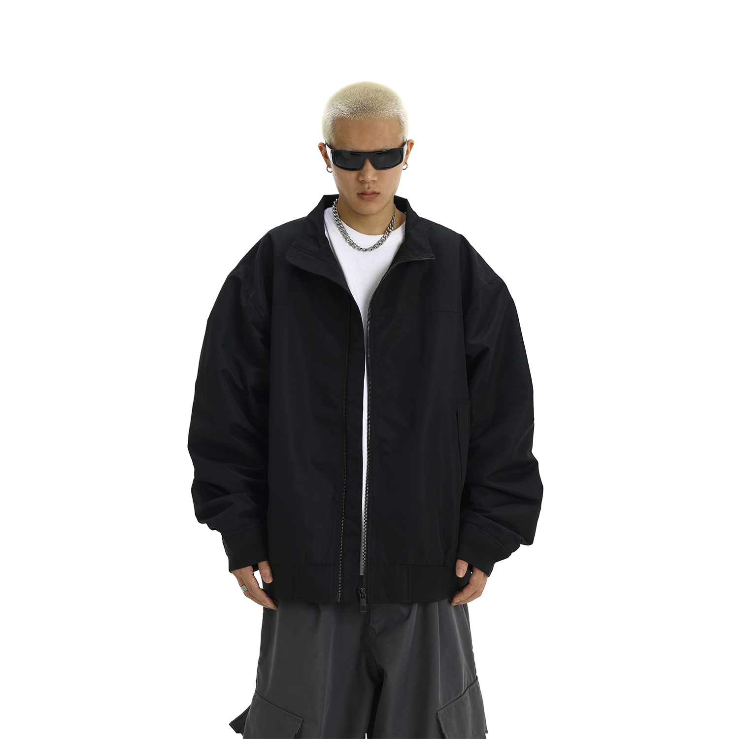 Men's American Vintage Stand Collar Windbreaker Jacket, Casual Loose Fit Solid Color Coat for Autumn Winter, Flight & Work Style