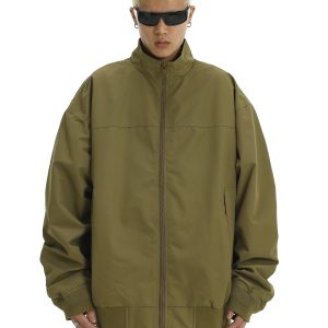 Men's American Vintage Stand Collar Windbreaker Jacket, Casual Loose Fit Solid Color Coat for Autumn Winter, Flight & Work Style