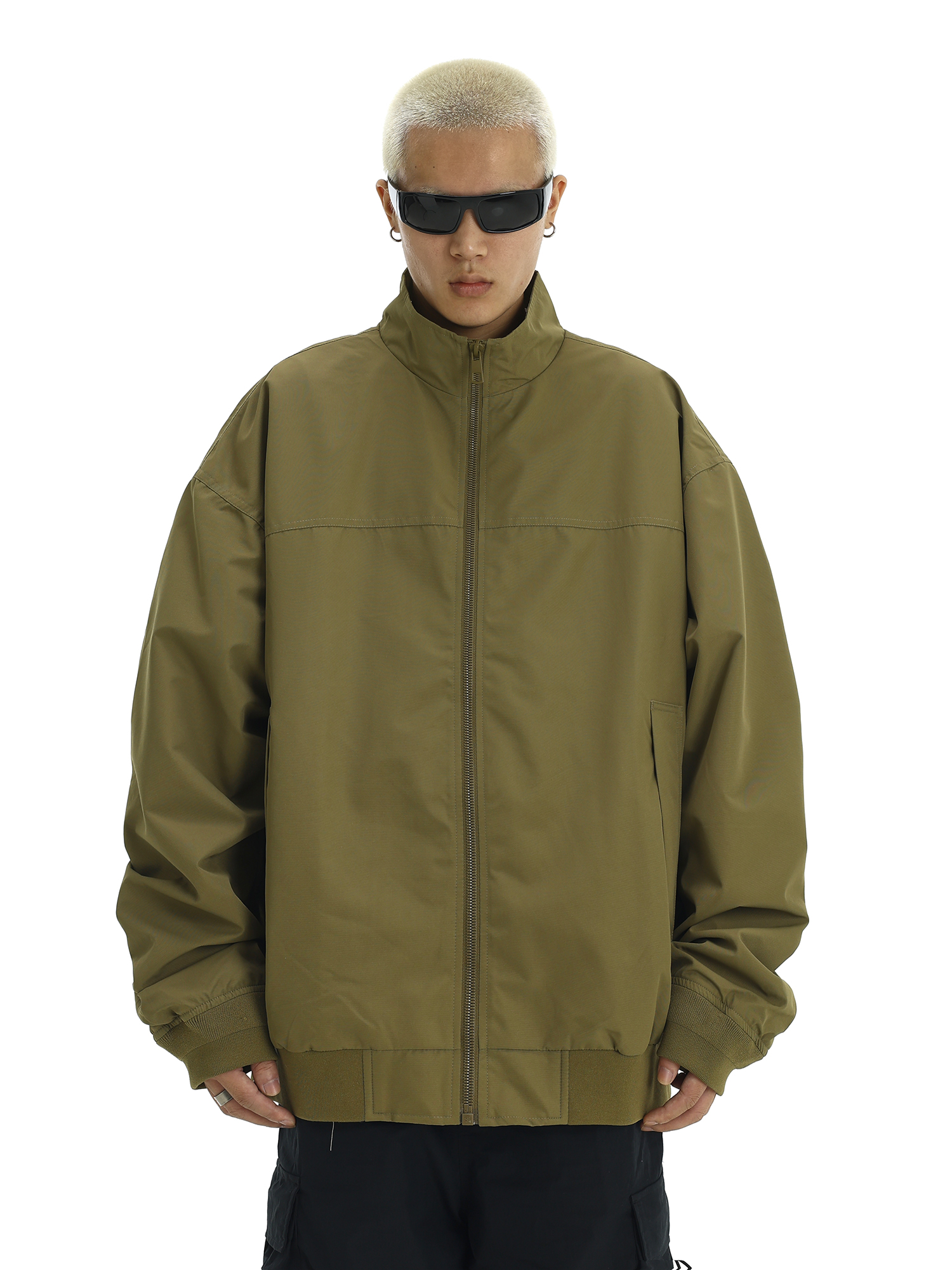 Men's American Vintage Stand Collar Windbreaker Jacket, Casual Loose Fit Solid Color Coat for Autumn Winter, Flight & Work Style