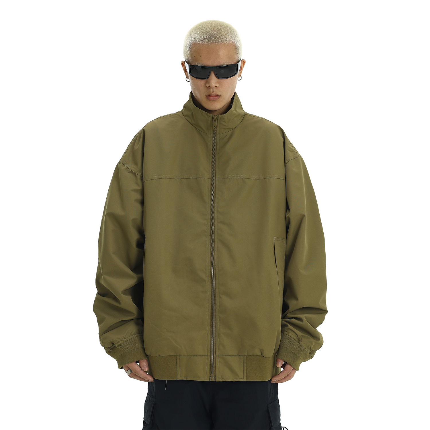 Men's American Vintage Stand Collar Windbreaker Jacket, Casual Loose Fit Solid Color Coat for Autumn Winter, Flight & Work Style