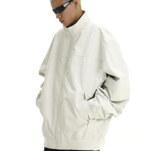 Men's American Vintage Stand Collar Windbreaker Jacket, Casual Loose Fit Solid Color Coat for Autumn Winter, Flight & Work Style