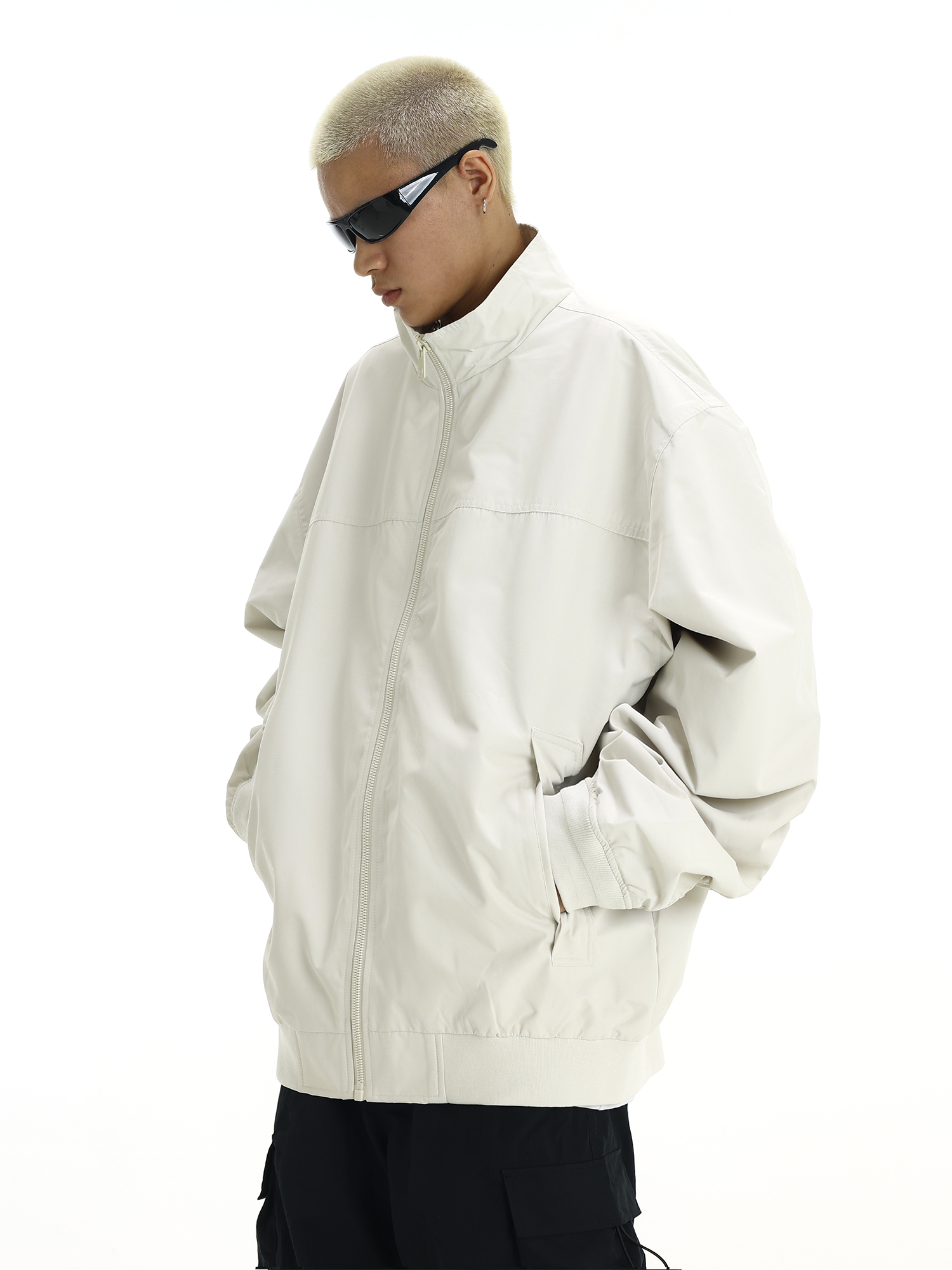 Men's American Vintage Stand Collar Windbreaker Jacket, Casual Loose Fit Solid Color Coat for Autumn Winter, Flight & Work Style