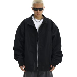 Men's American Vintage Stand Collar Windbreaker Jacket, Casual Loose Fit Solid Color Coat for Autumn Winter, Flight & Work Style