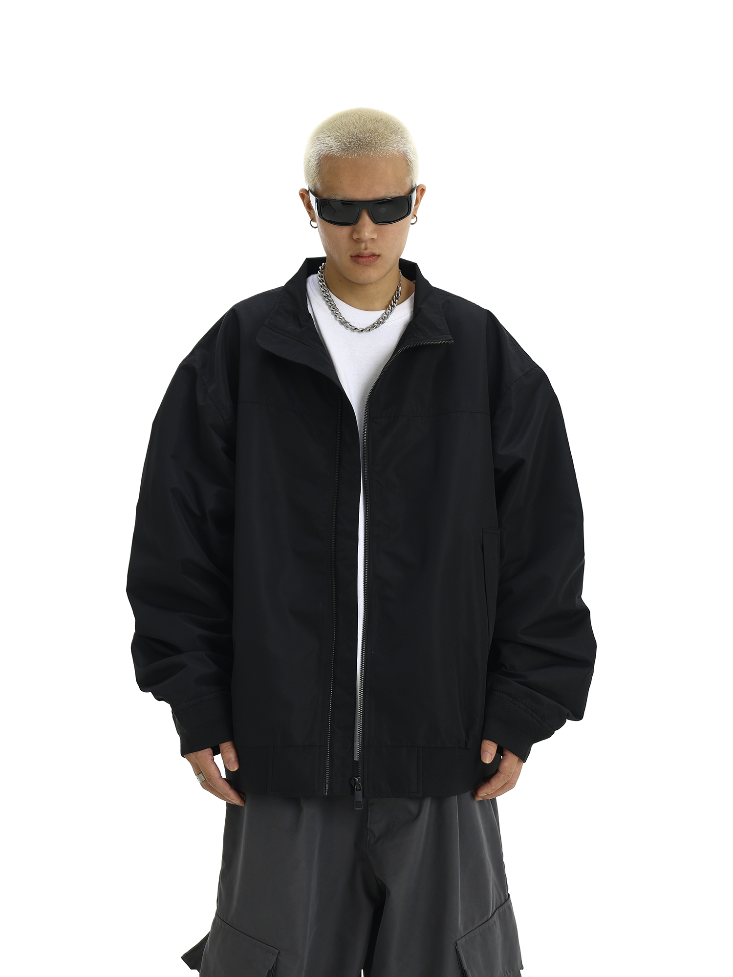 Men's American Vintage Stand Collar Windbreaker Jacket, Casual Loose Fit Solid Color Coat for Autumn Winter, Flight & Work Style