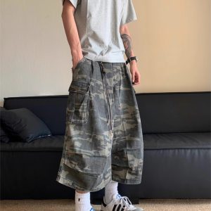 Men's and Women's Summer American Retro Camouflage Multi-Pocket Denim Shorts, Casual Loose Straight 7-Point Pants