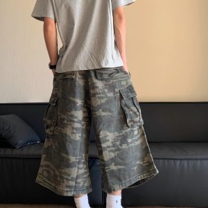 Men's and Women's Summer American Retro Camouflage Multi-Pocket Denim Shorts, Casual Loose Straight 7-Point Pants