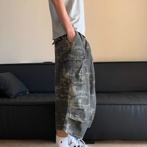 Men's and Women's Summer American Retro Camouflage Multi-Pocket Denim Shorts, Casual Loose Straight 7-Point Pants