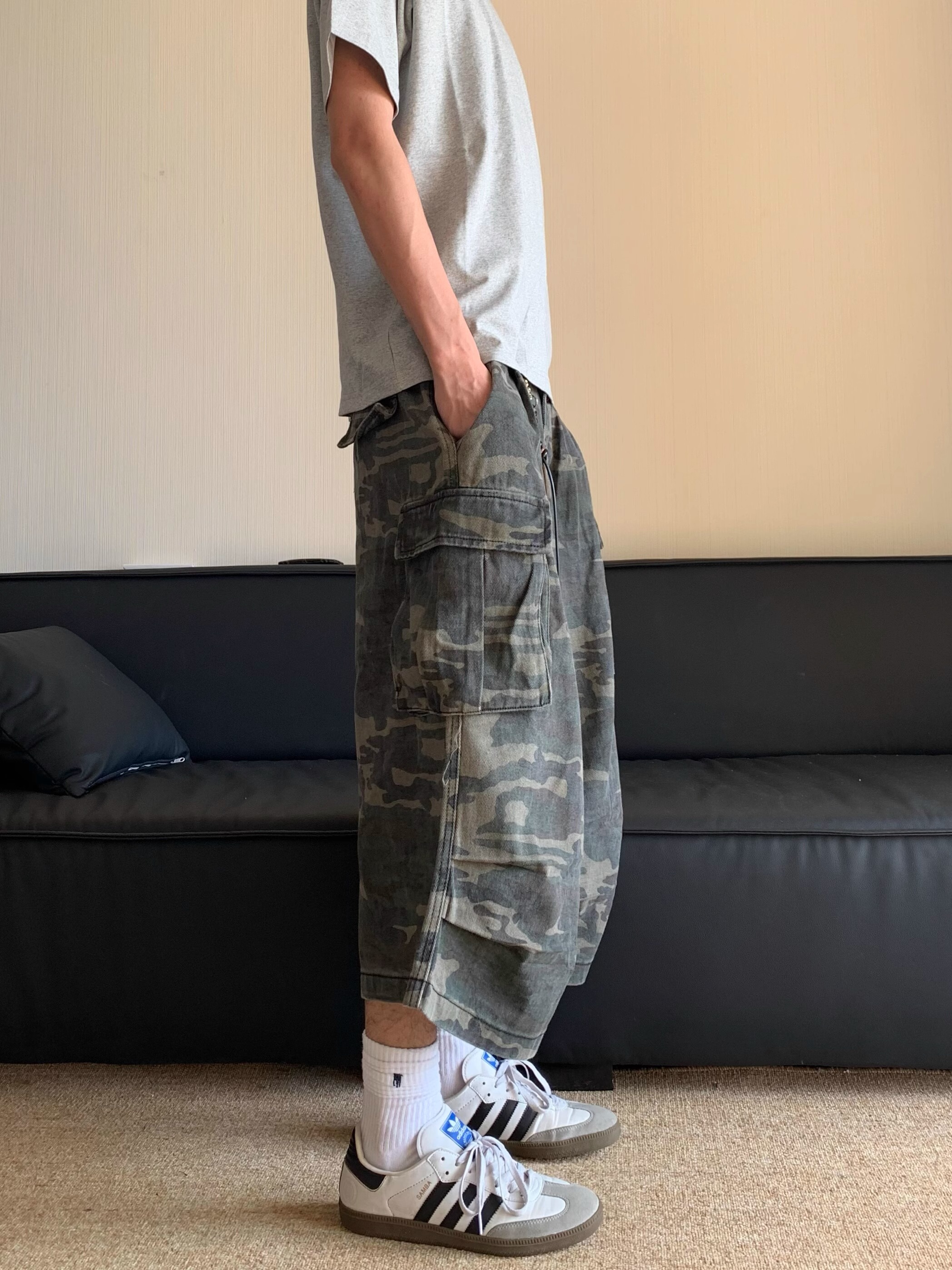 Men's and Women's Summer American Retro Camouflage Multi-Pocket Denim Shorts, Casual Loose Straight 7-Point Pants