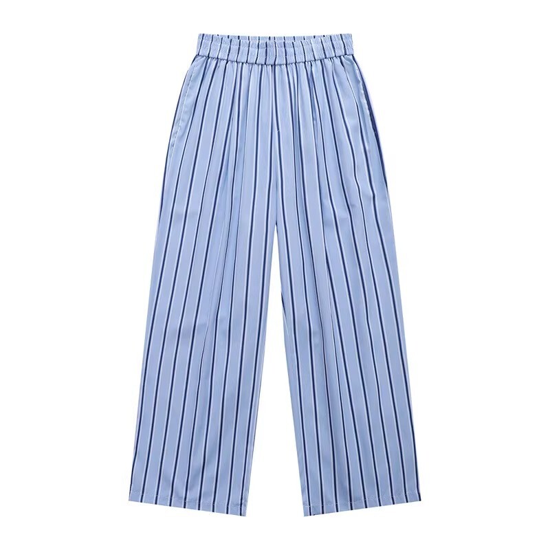 Men's Blue Striped Wide-Leg Long Pants - Casual Summer Loose BF Style for Home and Walking, Versatile Lightweight Trousers