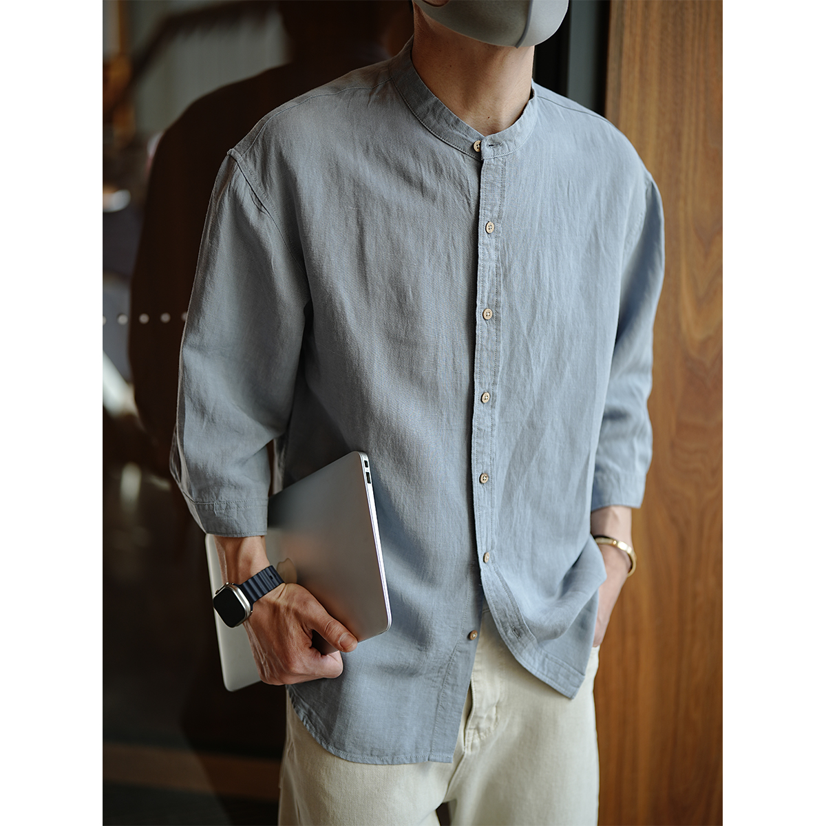Men's Chinese-Style Minimalist Linen Shirt, Stand-Collar, Seven-Point Sleeve, Solid Color, Summer Trendy Top