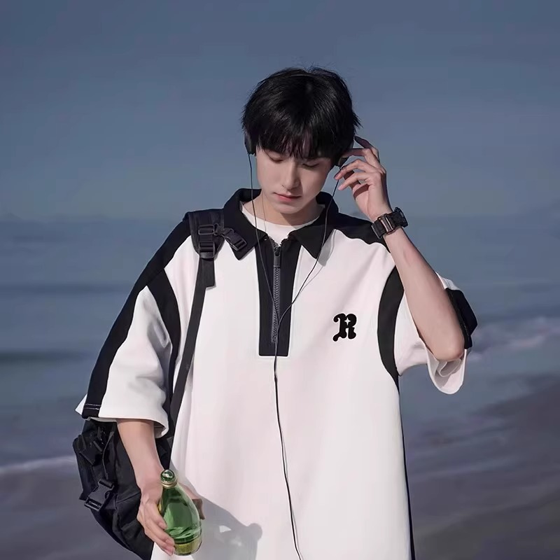 Men's Color-Blocking Polo Shirt - Casual Short Sleeve Half-Zip T-Shirt with Loose Fit for Summer, American Style Fashion.