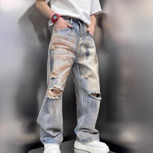 Men's Distressed Vintage Tie-Dye Baggy Denim Pants, Stylish High Street Summer Straight Leg Trousers, 2025 Trendy Fashion