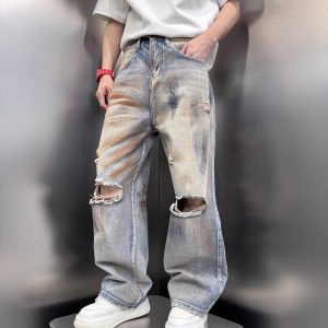 Men's Distressed Vintage Tie-Dye Baggy Denim Pants, Stylish High Street Summer Straight Leg Trousers, 2025 Trendy Fashion