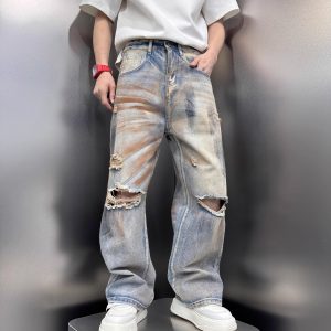 Men's Distressed Vintage Tie-Dye Baggy Denim Pants, Stylish High Street Summer Straight Leg Trousers, 2025 Trendy Fashion