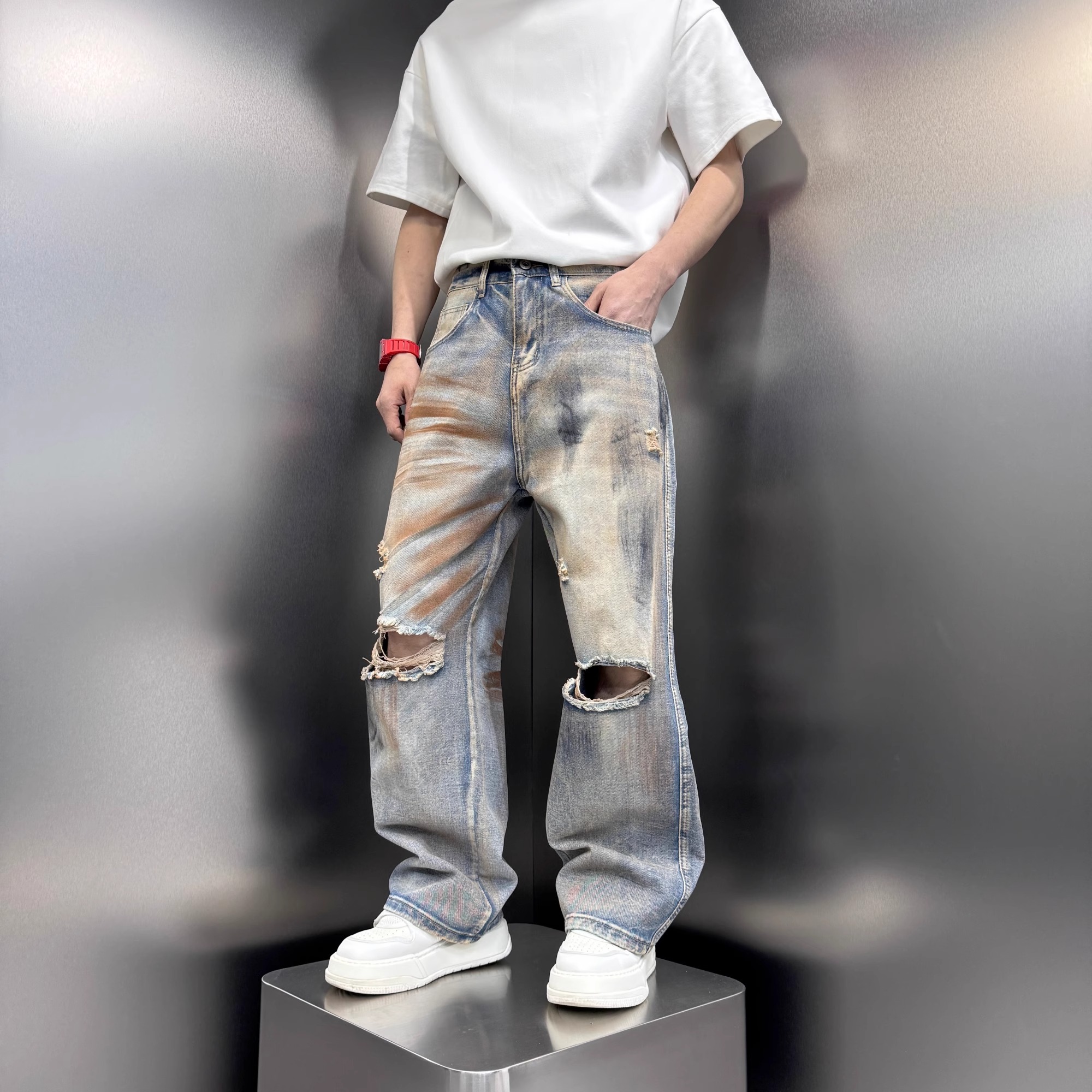 Men's Distressed Vintage Tie-Dye Baggy Denim Pants, Stylish High Street Summer Straight Leg Trousers, 2025 Trendy Fashion