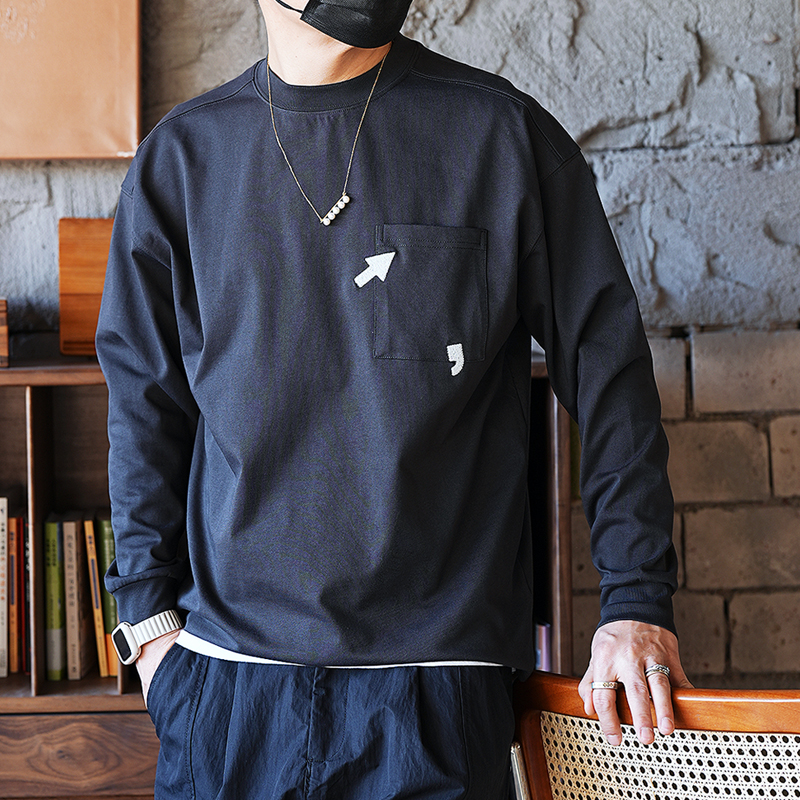 Men's Hong Kong Style Creative Embroidery Cotton T-Shirt - Loose Heavyweight Long Sleeve Round Neck Top for Autumn Fashion