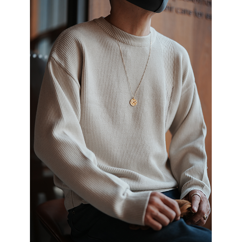 Men's Japanese-Style Minimalist Striped Round-Neck Pullover Sweater - Trendy Solid Color for Autumn & Winter Fashion