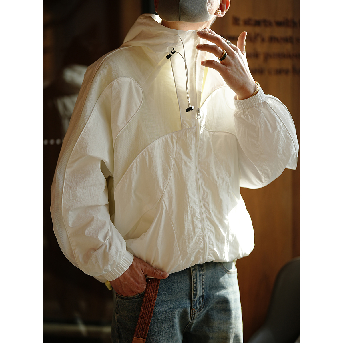 Men's Lightweight Hooded Jacket with Mesh Splicing for Summer Outdoor Casual Style, Sun Protection, Trendy American Fashion