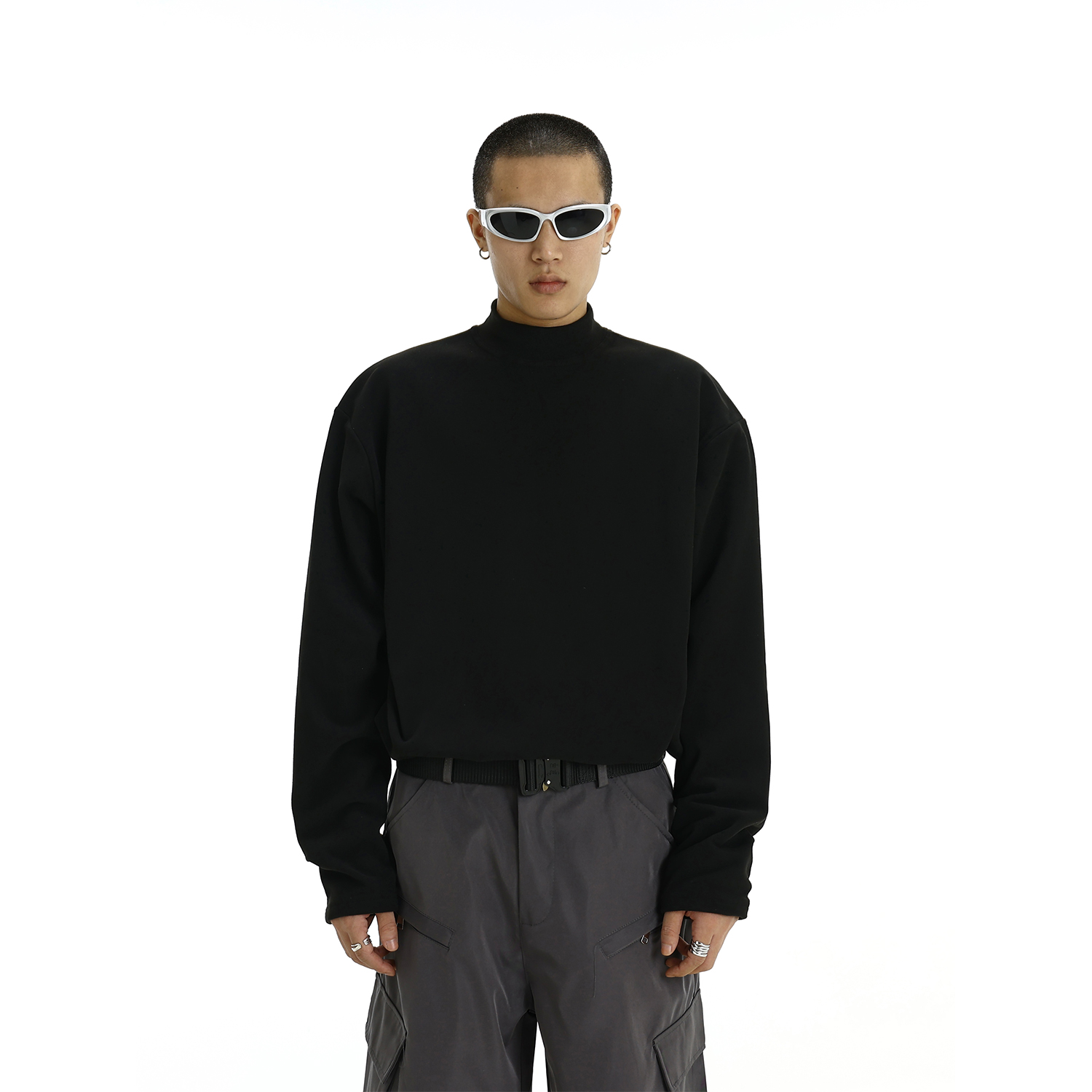Men's Loose Fit Half-High Collar Long Sleeve T-Shirt - Solid Color Warm Base Layer for Autumn & Winter Casual Wear