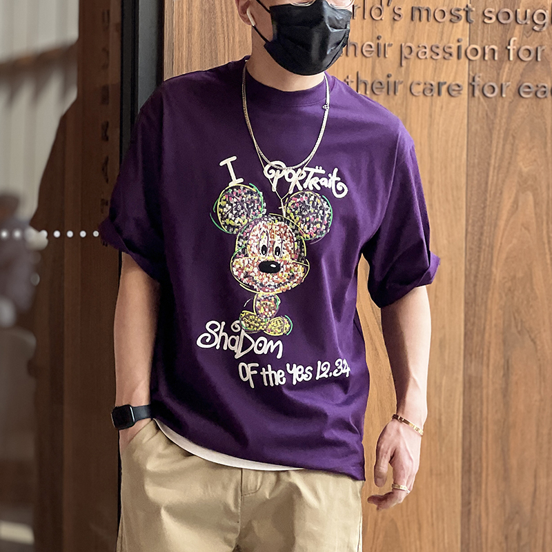 Men's Mickey Heavy Embroidery Short-Sleeve T-Shirt - Trendy Loose Fit Summer Tee with Flocked Design, American High Street Style