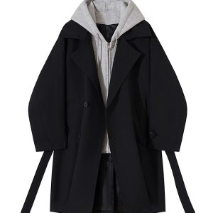 Men's Mid-Length Hooded Windbreaker Coat - Trendy Korean Style Faux Two-Piece Over-Knee Jacket for Autumn Winter Fashion