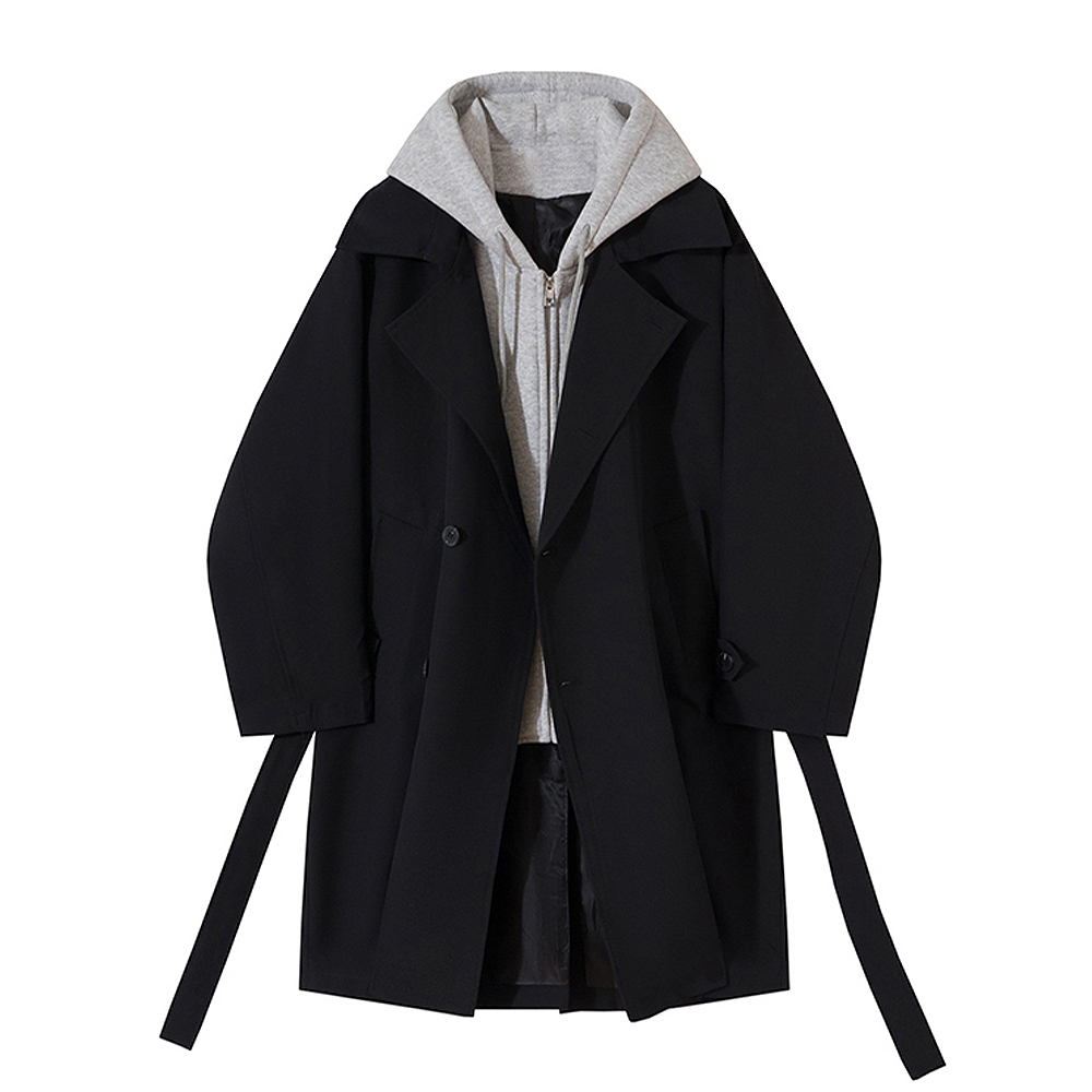 Men's Mid-Length Hooded Windbreaker Coat - Trendy Korean Style Faux Two-Piece Over-Knee Jacket for Autumn Winter Fashion