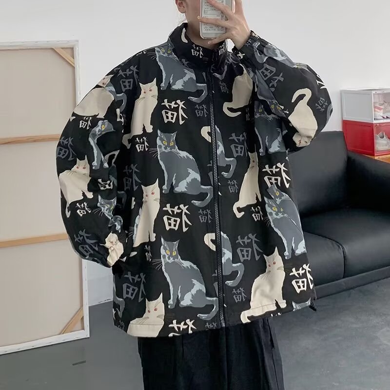 Men's Oversized Cat Print Jacket with Stand Collar - Youthful Korean Style Punk Coat for Spring and Autumn